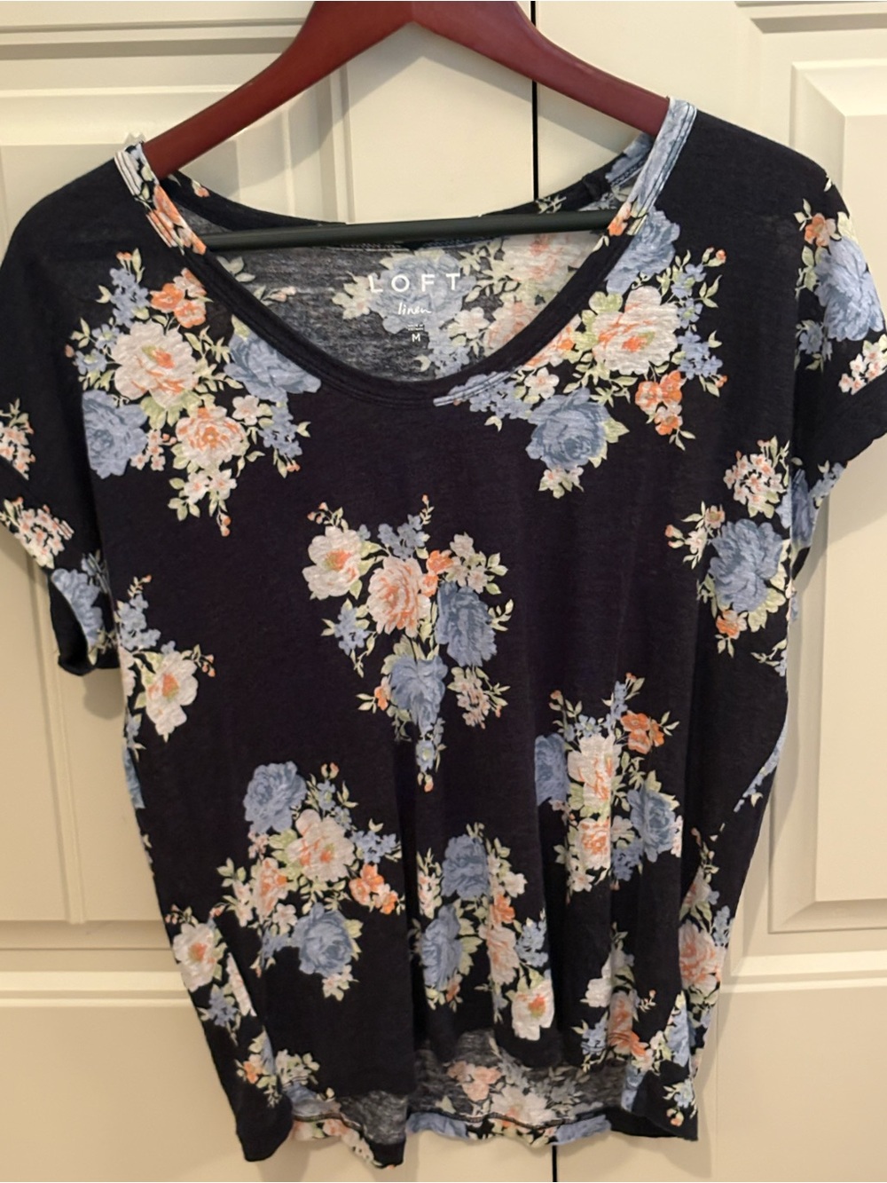 LOFT Navy Floral Short Sleeve Tee with Blue and Peach Blooms